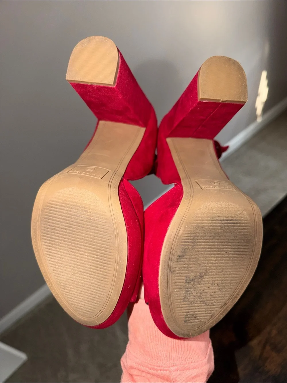 Sun + Stone Red Suede Platform Peep-Toe Heels with Ankle Strap